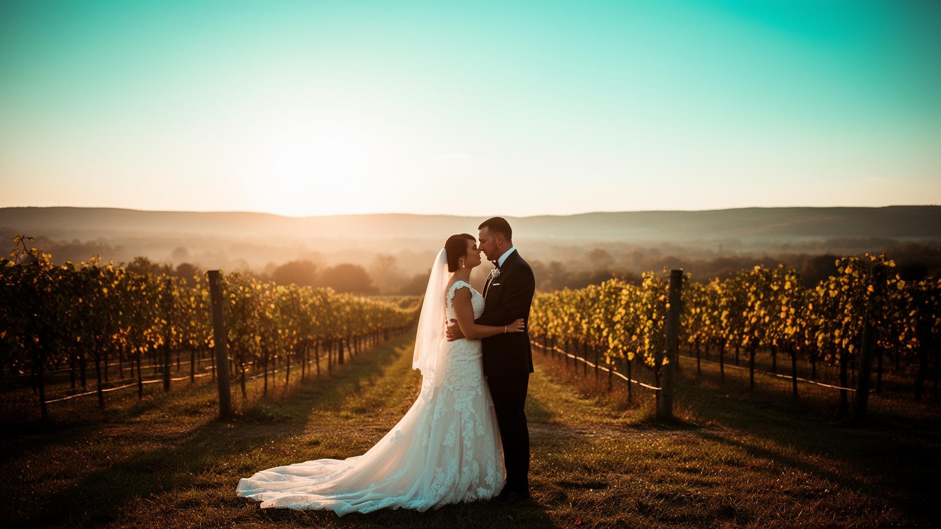 Wedding couple at golden hour in a Finger Lakes vineyard