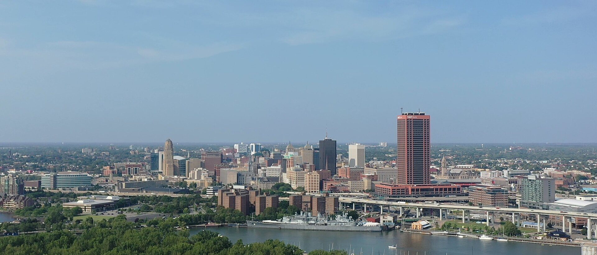 Aerial view of the Buffalo, NY skyline and Erie Basin Marina waterfront