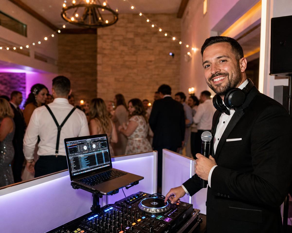 DJ at a wedding reception with cyan uplighting