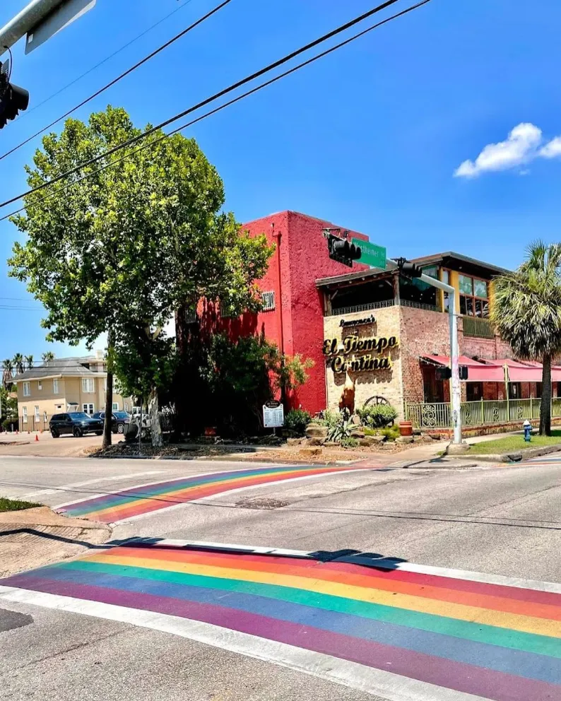 Houstons Montrose neighborhood rainbow crosswalk at Westheimer at Taft